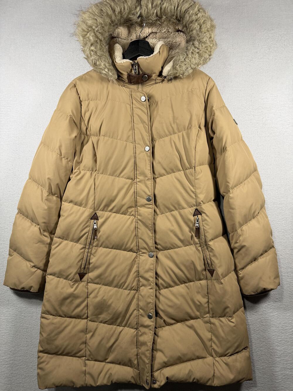 Lauren Ralph Lauren Coat Womens Medium Beige Down Puffer Hood Faux Fur Quilted